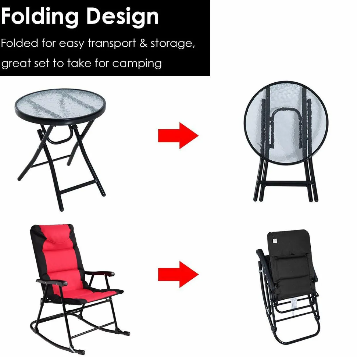 3 Pieces Folding Bistro Set, Outdoor Rocking Chairs with Round Table Set