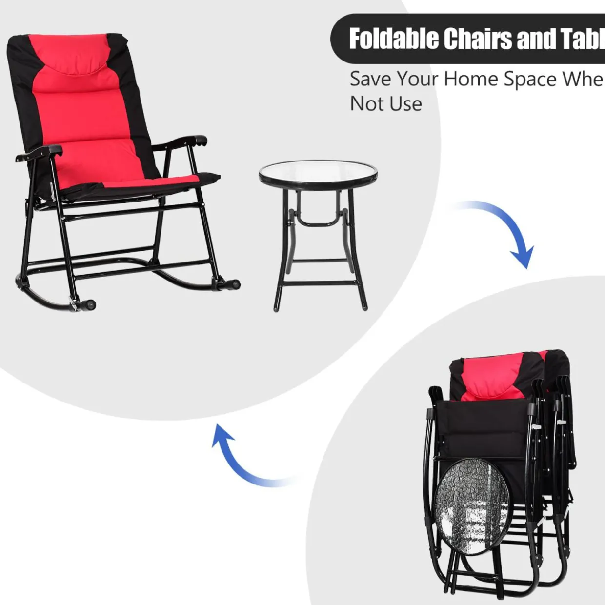 3 Pieces Folding Bistro Set, Outdoor Rocking Chairs with Round Table Set