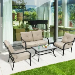 4 Pieces Outdoor Furniture Set, Patio Conversation Set with Cushions and Steel Frame