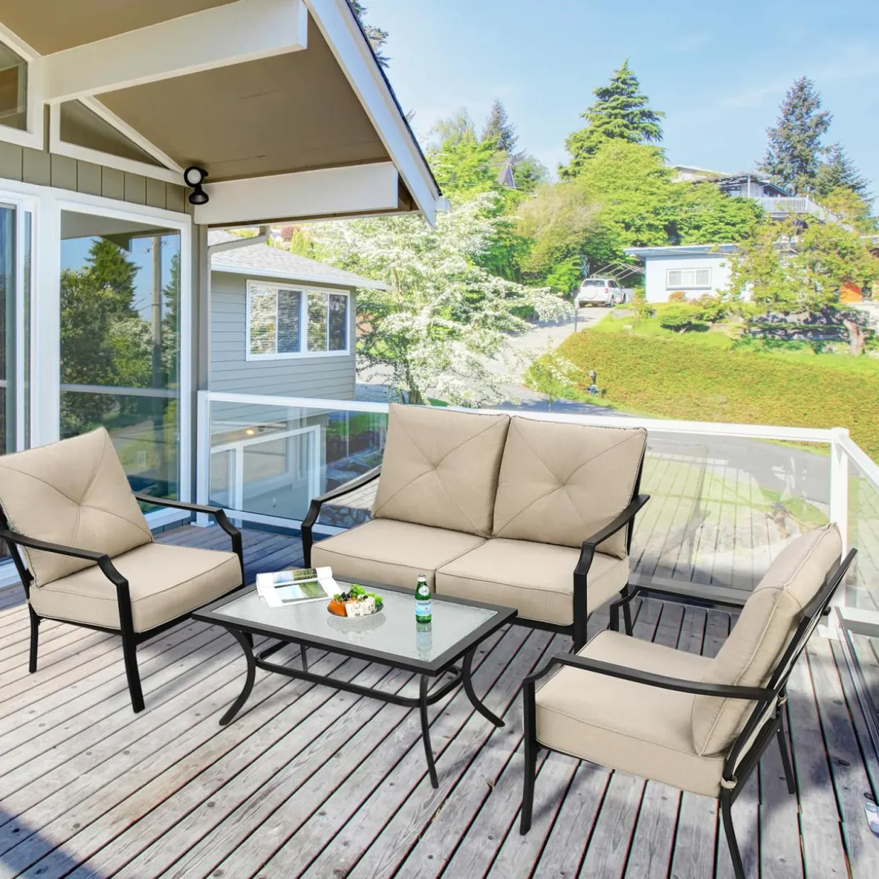 4 Pieces Outdoor Furniture Set, Patio Conversation Set with Cushions and Steel Frame