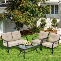 4 Pieces Outdoor Furniture Set, Patio Conversation Set with Cushions and Steel Frame