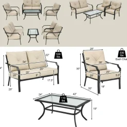 4 Pieces Outdoor Furniture Set, Patio Conversation Set with Cushions and Steel Frame