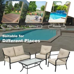 4 Pieces Outdoor Furniture Set, Patio Conversation Set with Cushions and Steel Frame