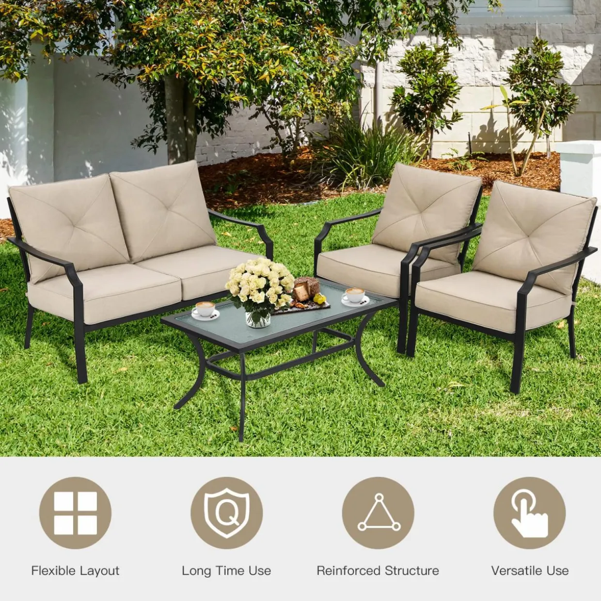 4 Pieces Outdoor Furniture Set, Patio Conversation Set with Cushions and Steel Frame