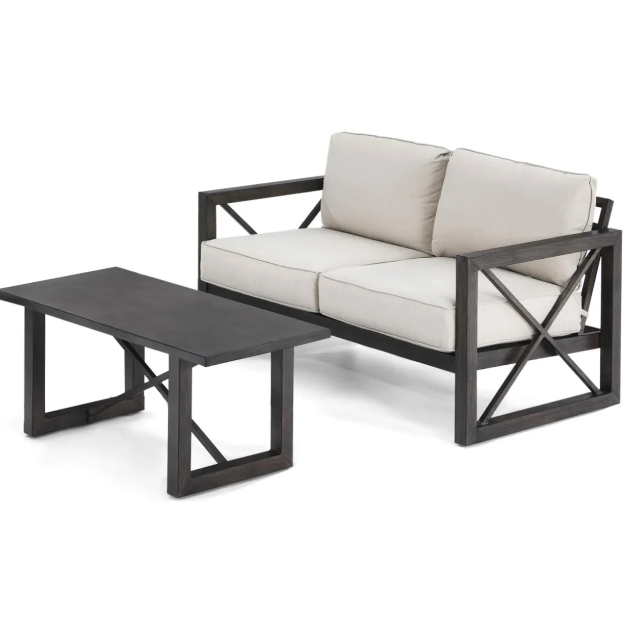 2 Pieces Outdoor Loveseat and Coffee Table Set, 2-Person Cushioned Outdoor Sofa Bench