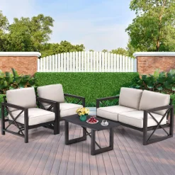 2 Pieces Outdoor Loveseat and Coffee Table Set, 2-Person Cushioned Outdoor Sofa Bench