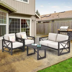 2 Pieces Outdoor Loveseat and Coffee Table Set, 2-Person Cushioned Outdoor Sofa Bench