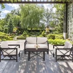 2 Pieces Outdoor Loveseat and Coffee Table Set, 2-Person Cushioned Outdoor Sofa Bench