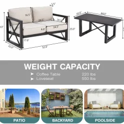 2 Pieces Outdoor Loveseat and Coffee Table Set, 2-Person Cushioned Outdoor Sofa Bench