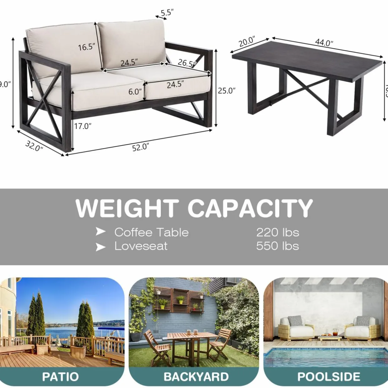 2 Pieces Outdoor Loveseat and Coffee Table Set, 2-Person Cushioned Outdoor Sofa Bench