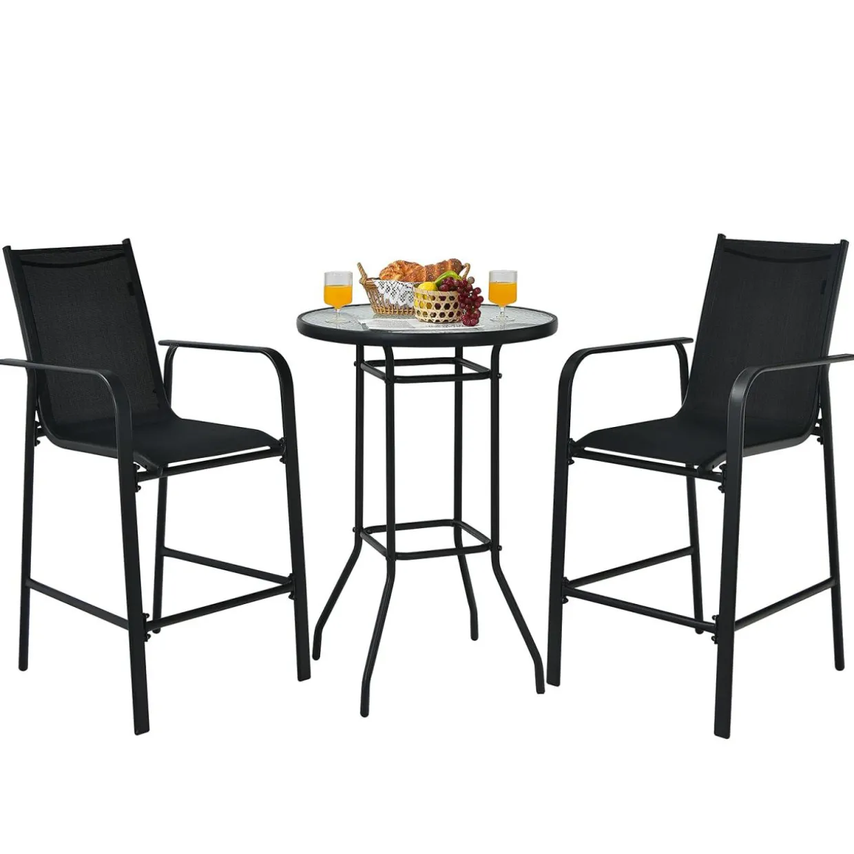 3 Pieces Outdoor Patio Bar Set, Outdoor Bistro Set with 2 Bar Stools and 1 Tempered Glass Bar Table