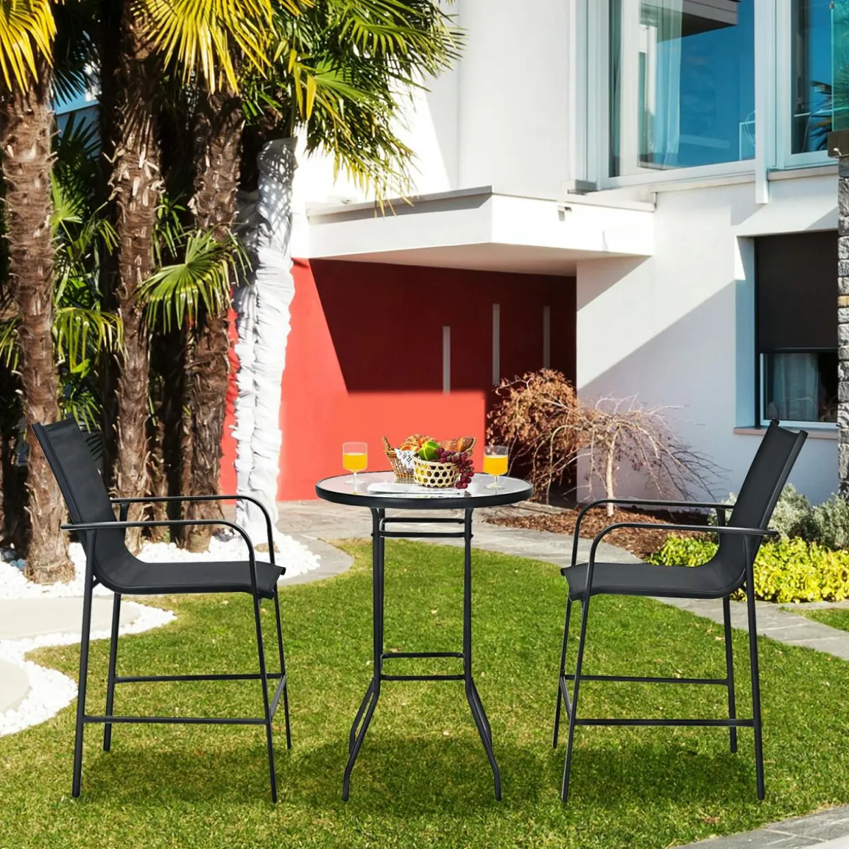 3 Pieces Outdoor Patio Bar Set, Outdoor Bistro Set with 2 Bar Stools and 1 Tempered Glass Bar Table
