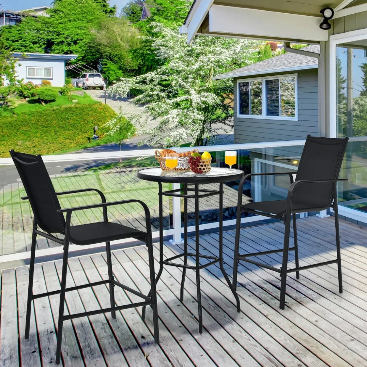 3 Pieces Outdoor Patio Bar Set, Outdoor Bistro Set with 2 Bar Stools and 1 Tempered Glass Bar Table