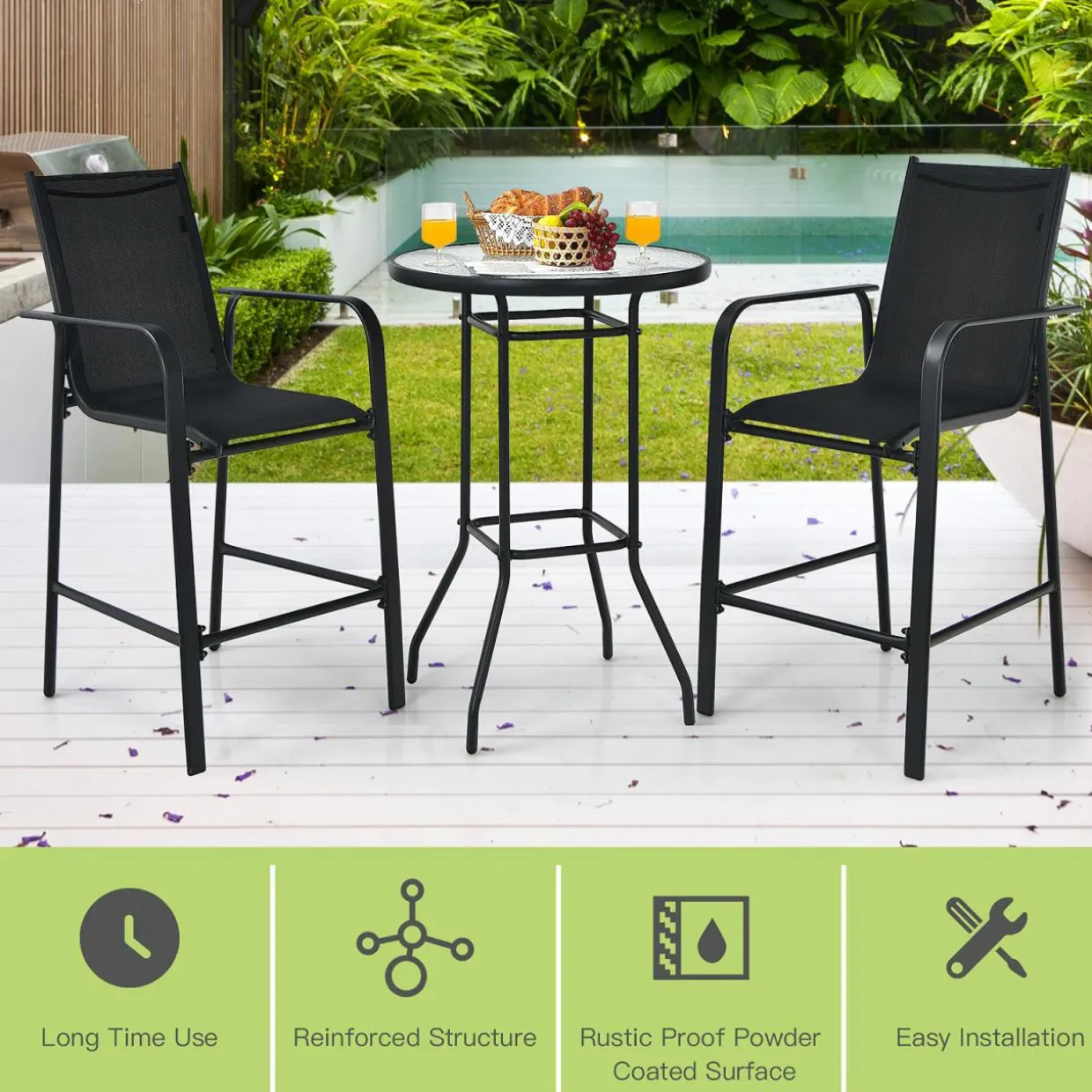 3 Pieces Outdoor Patio Bar Set, Outdoor Bistro Set with 2 Bar Stools and 1 Tempered Glass Bar Table