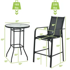3 Pieces Outdoor Patio Bar Set, Outdoor Bistro Set with 2 Bar Stools and 1 Tempered Glass Bar Table