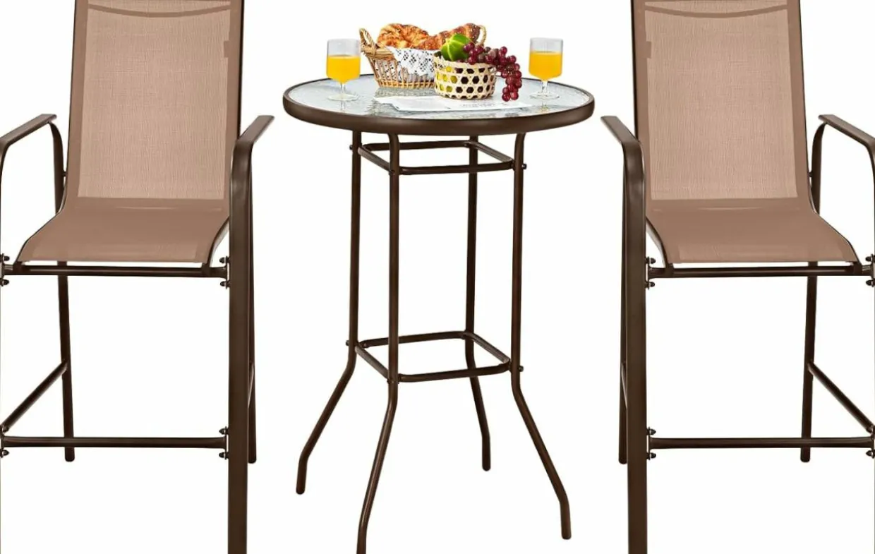3 Pieces Outdoor Patio Bar Set, Outdoor Bistro Set with 2 Bar Stools and 1 Tempered Glass Bar Table