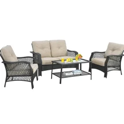 4 Pieces Outdoor Patio Furniture Set, Patiojoy PE Wicker Conversation Sofa Set with Tempered Glass Coffee Table