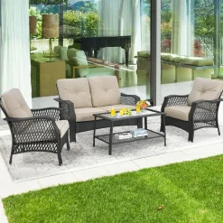 4 Pieces Outdoor Patio Furniture Set, Patiojoy PE Wicker Conversation Sofa Set with Tempered Glass Coffee Table