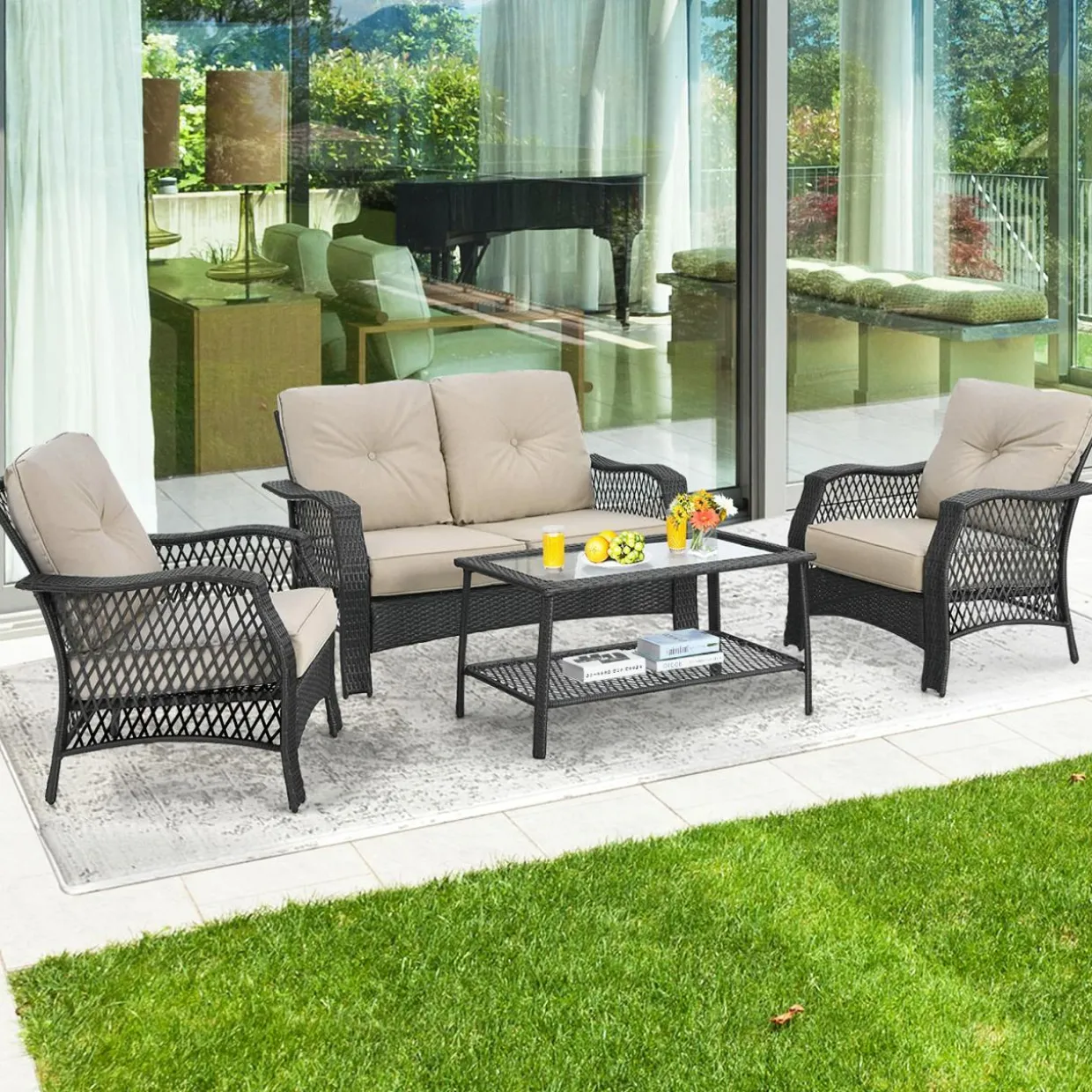 4 Pieces Outdoor Patio Furniture Set, Patiojoy PE Wicker Conversation Sofa Set with Tempered Glass Coffee Table