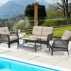 4 Pieces Outdoor Patio Furniture Set, Patiojoy PE Wicker Conversation Sofa Set with Tempered Glass Coffee Table
