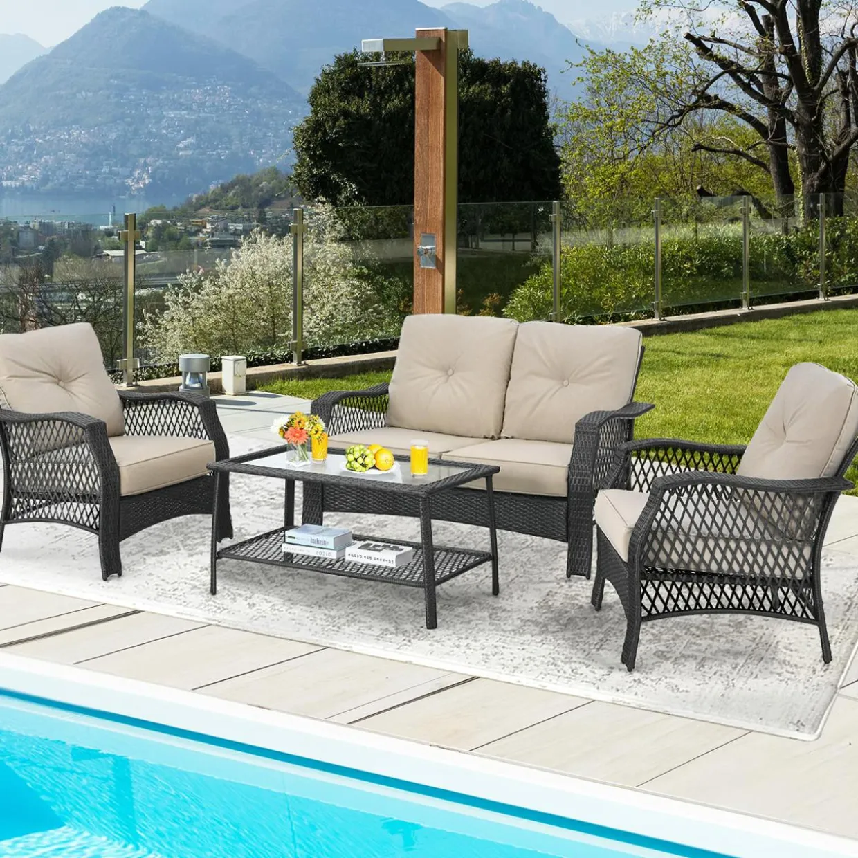 4 Pieces Outdoor Patio Furniture Set, Patiojoy PE Wicker Conversation Sofa Set with Tempered Glass Coffee Table