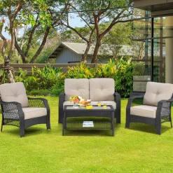 4 Pieces Outdoor Patio Furniture Set, Patiojoy PE Wicker Conversation Sofa Set with Tempered Glass Coffee Table