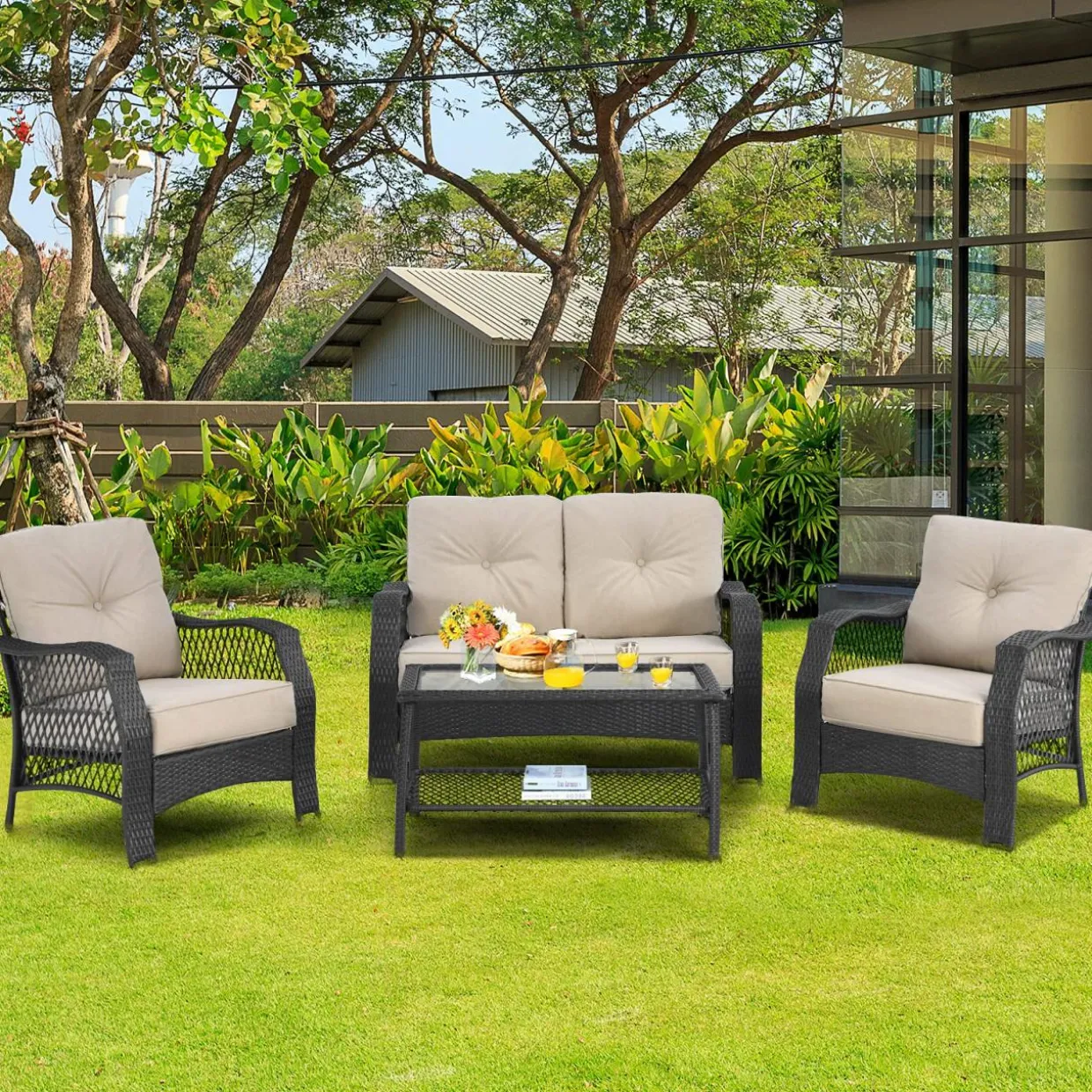 4 Pieces Outdoor Patio Furniture Set, Patiojoy PE Wicker Conversation Sofa Set with Tempered Glass Coffee Table