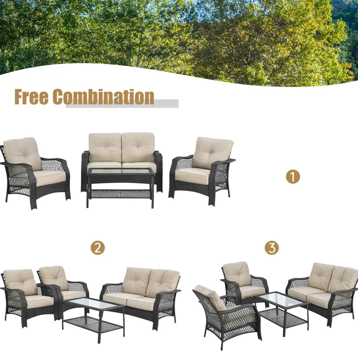 4 Pieces Outdoor Patio Furniture Set, Patiojoy PE Wicker Conversation Sofa Set with Tempered Glass Coffee Table