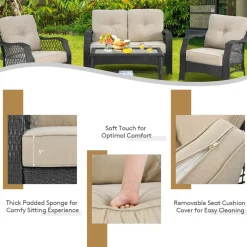 4 Pieces Outdoor Patio Furniture Set, Patiojoy PE Wicker Conversation Sofa Set with Tempered Glass Coffee Table