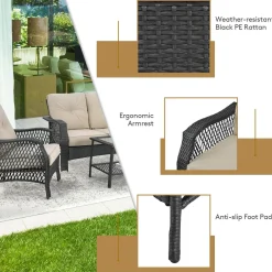 4 Pieces Outdoor Patio Furniture Set, Patiojoy PE Wicker Conversation Sofa Set with Tempered Glass Coffee Table