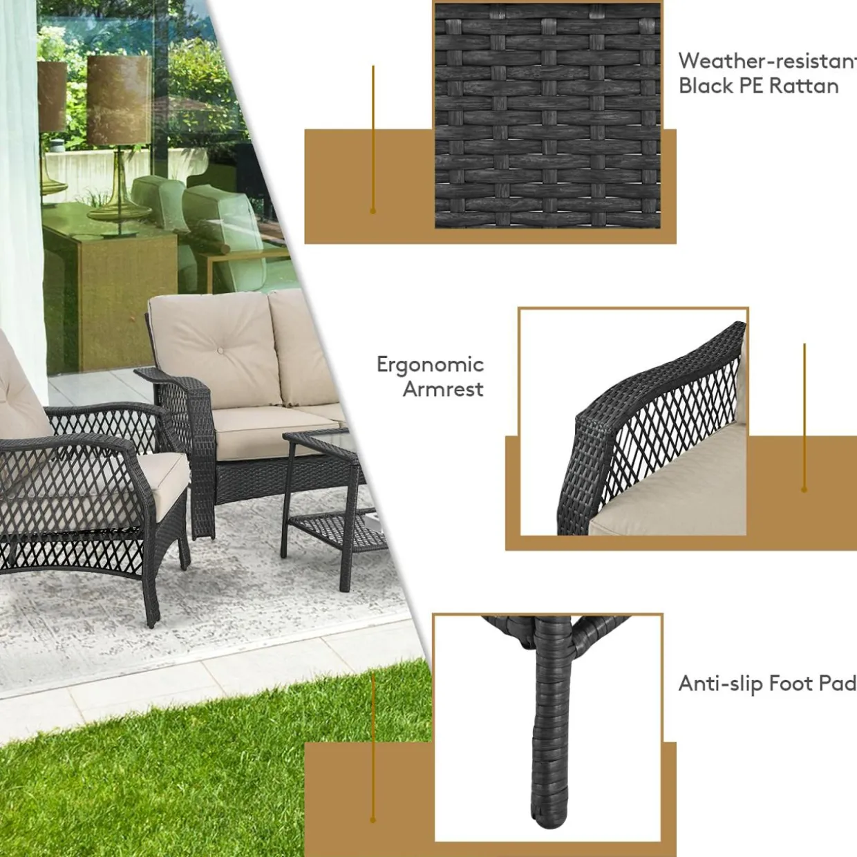 4 Pieces Outdoor Patio Furniture Set, Patiojoy PE Wicker Conversation Sofa Set with Tempered Glass Coffee Table