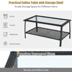 4 Pieces Outdoor Patio Furniture Set, Patiojoy PE Wicker Conversation Sofa Set with Tempered Glass Coffee Table