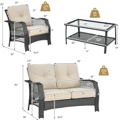 4 Pieces Outdoor Patio Furniture Set, Patiojoy PE Wicker Conversation Sofa Set with Tempered Glass Coffee Table