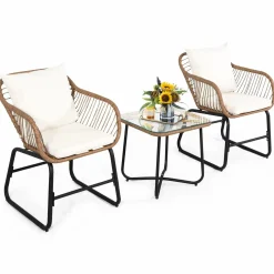 3 Pieces Patio Bistro Set, All Weather Rattan Conversation Set