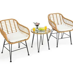 3 Pieces Patio Bistro Set, Rattan Conversation Set with 2 Cushioned Armchairs & Round Glass Coffee Table