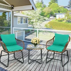 3 Pieces Patio Bistro Set, Patiojoy Outdoor PE Rattan Armchairs and Coffee Table Set with Comfortable Cushions & Adjustable Foot Pads