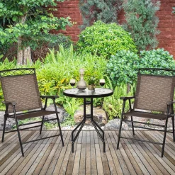 3 Pieces Patio Bistro Set, Outdoor Folding Chairs & Table Set with Tempered Glass Tabletop & Umbrella Hole