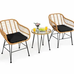 3 Pieces Patio Bistro Set, Rattan Conversation Set with 2 Cushioned Armchairs & Round Glass Coffee Table