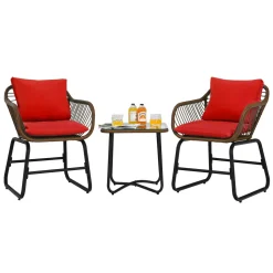 3 Pieces Patio Bistro Set, Patiojoy Outdoor PE Rattan Armchairs and Coffee Table Set with Comfortable Cushions & Adjustable Foot Pads