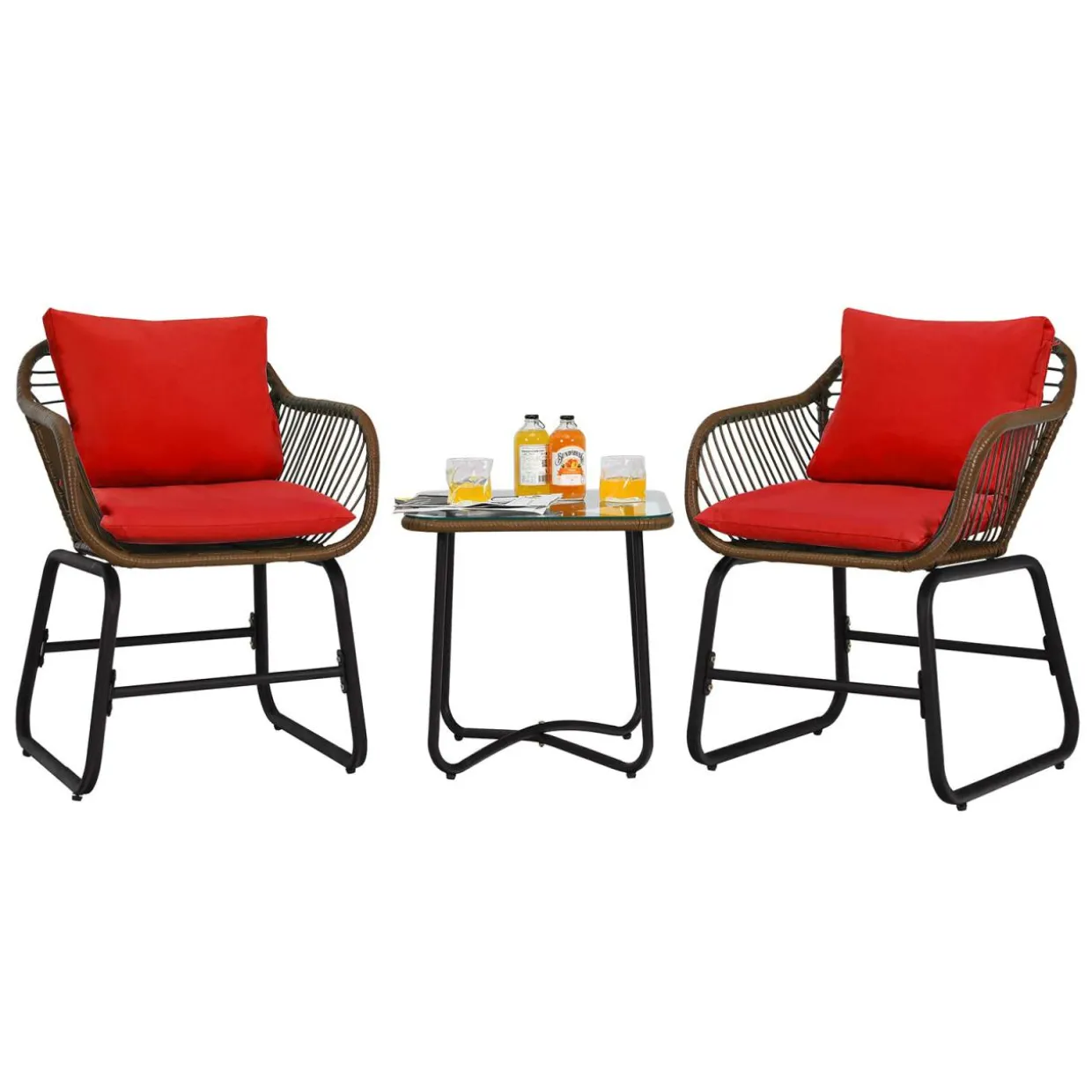 3 Pieces Patio Bistro Set, Patiojoy Outdoor PE Rattan Armchairs and Coffee Table Set with Comfortable Cushions & Adjustable Foot Pads
