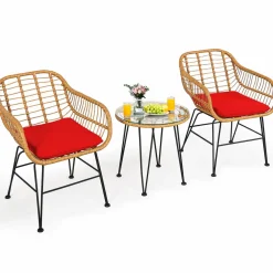 3 Pieces Patio Bistro Set, Rattan Conversation Set with 2 Cushioned Armchairs & Round Glass Coffee Table
