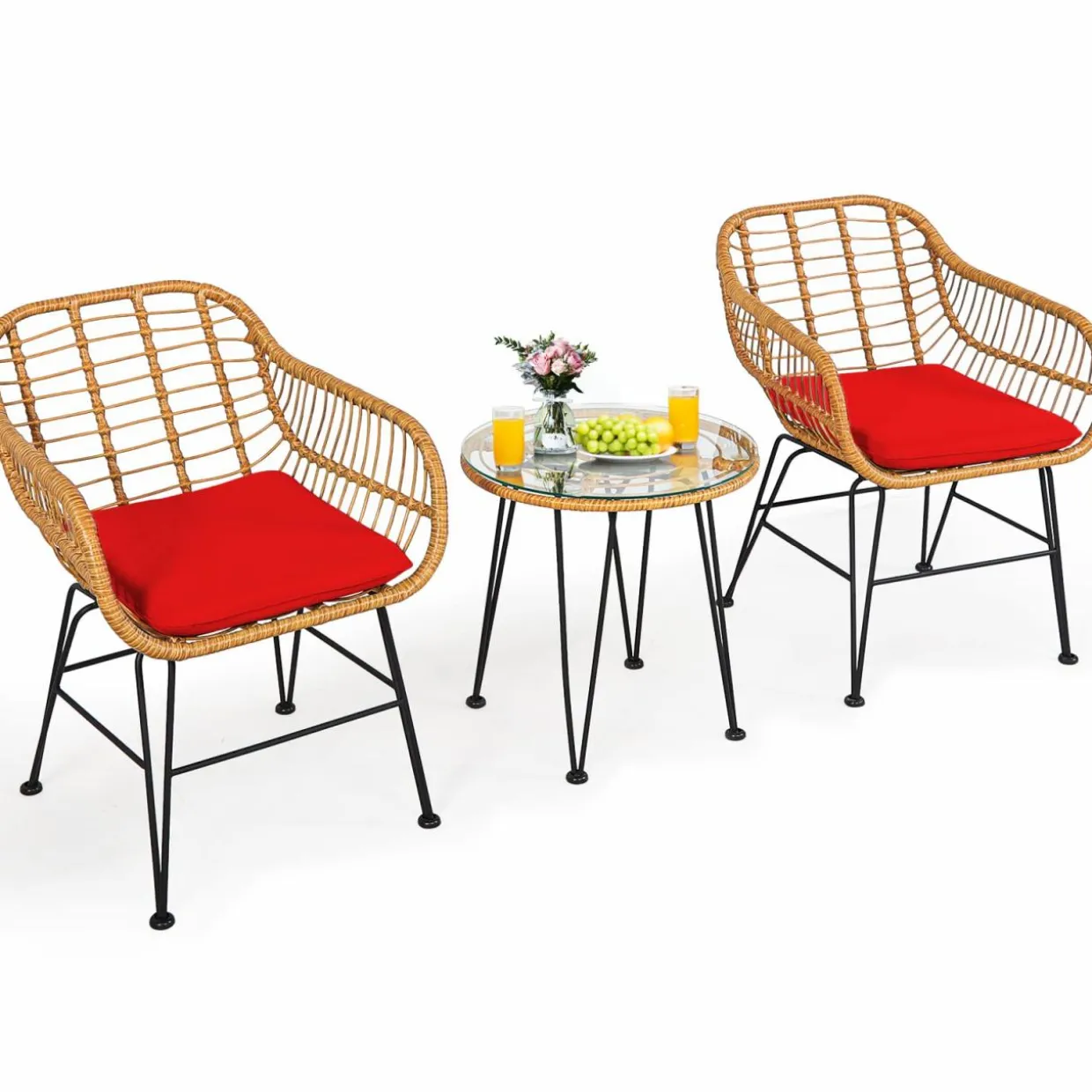 3 Pieces Patio Bistro Set, Rattan Conversation Set with 2 Cushioned Armchairs & Round Glass Coffee Table
