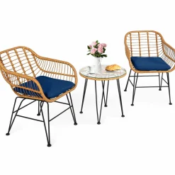 3 Pieces Patio Bistro Set, Rattan Conversation Set with 2 Cushioned Armchairs & Round Glass Coffee Table