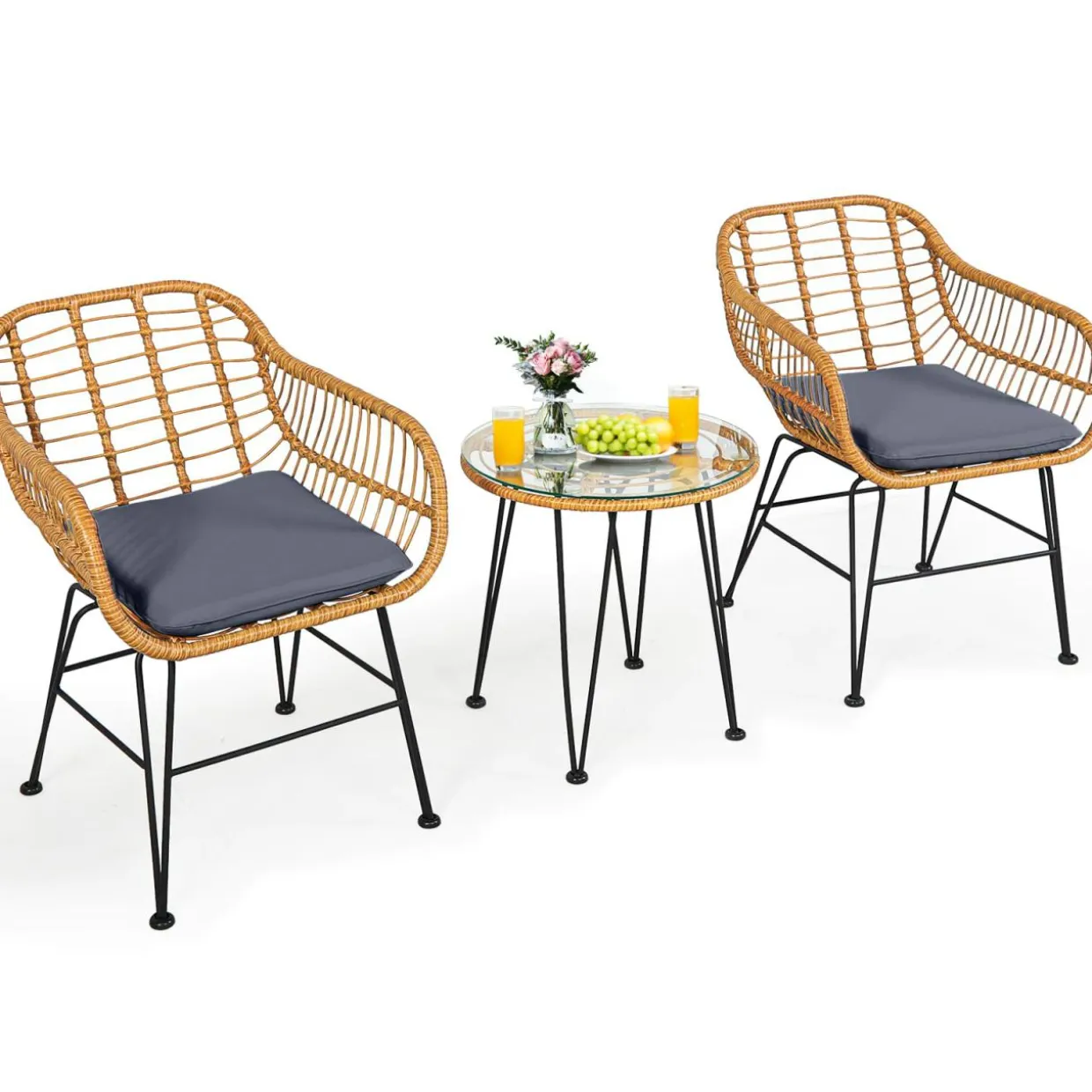 3 Pieces Patio Bistro Set, Rattan Conversation Set with 2 Cushioned Armchairs & Round Glass Coffee Table
