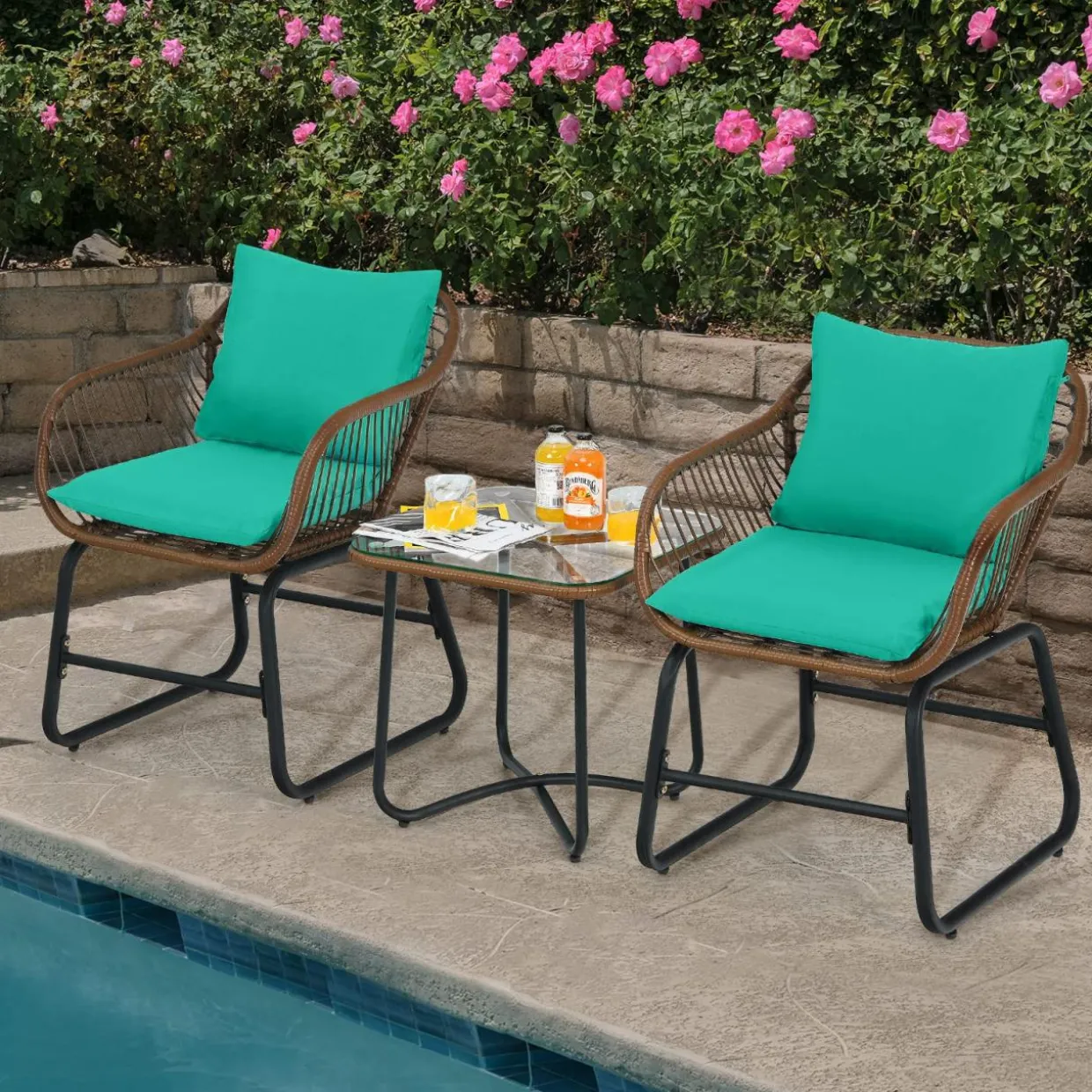 3 Pieces Patio Bistro Set, Patiojoy Outdoor PE Rattan Armchairs and Coffee Table Set with Comfortable Cushions & Adjustable Foot Pads