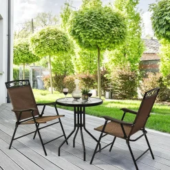 3 Pieces Patio Bistro Set, Outdoor Folding Chairs & Table Set with Tempered Glass Tabletop & Umbrella Hole