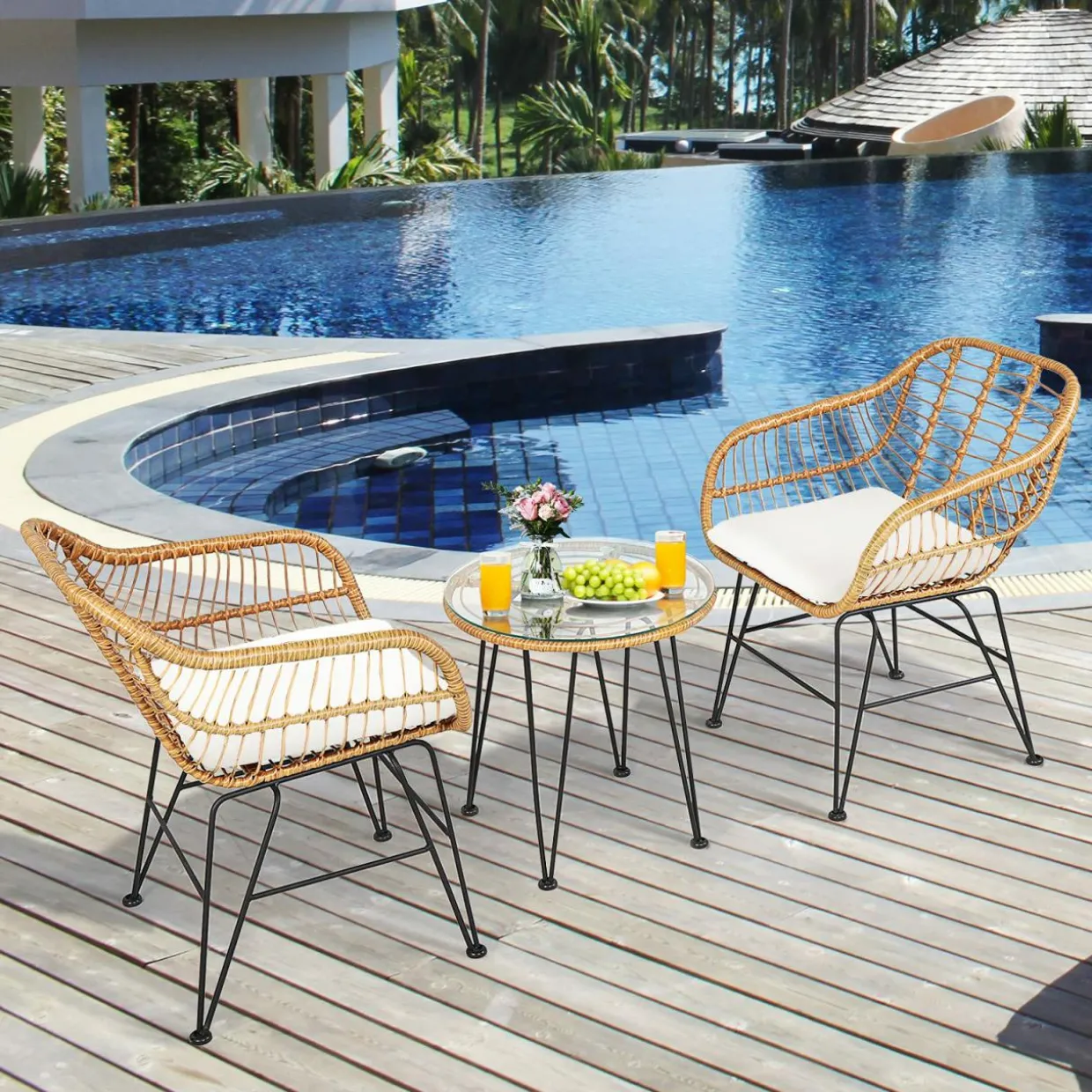 3 Pieces Patio Bistro Set, Rattan Conversation Set with 2 Cushioned Armchairs & Round Glass Coffee Table