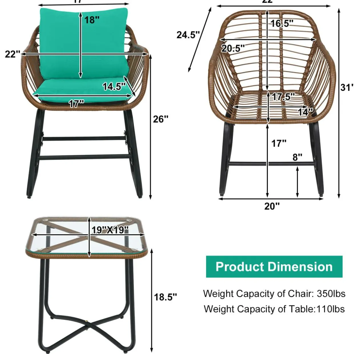 3 Pieces Patio Bistro Set, Patiojoy Outdoor PE Rattan Armchairs and Coffee Table Set with Comfortable Cushions & Adjustable Foot Pads