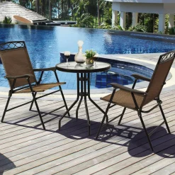 3 Pieces Patio Bistro Set, Outdoor Folding Chairs & Table Set with Tempered Glass Tabletop & Umbrella Hole