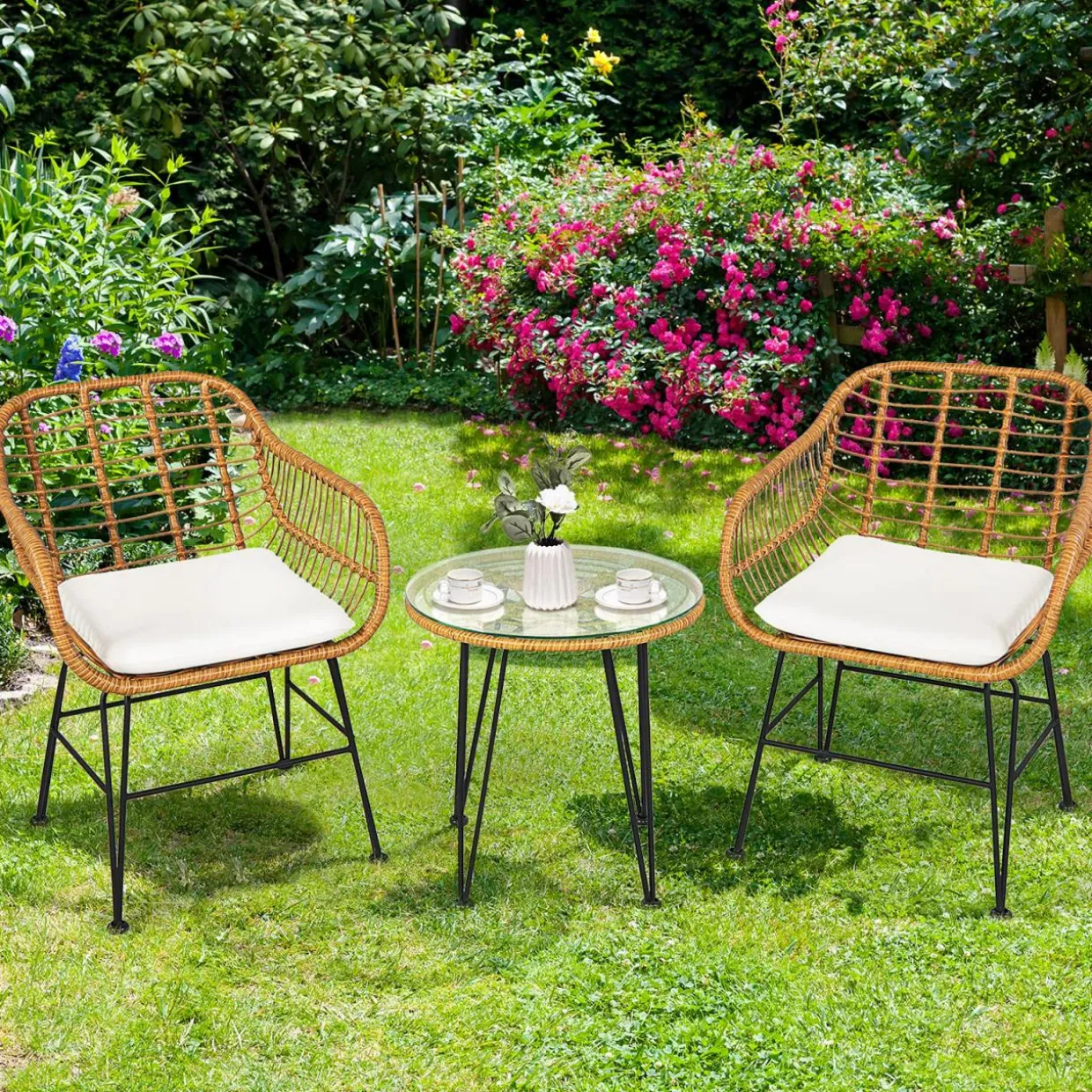 3 Pieces Patio Bistro Set, Rattan Conversation Set with 2 Cushioned Armchairs & Round Glass Coffee Table